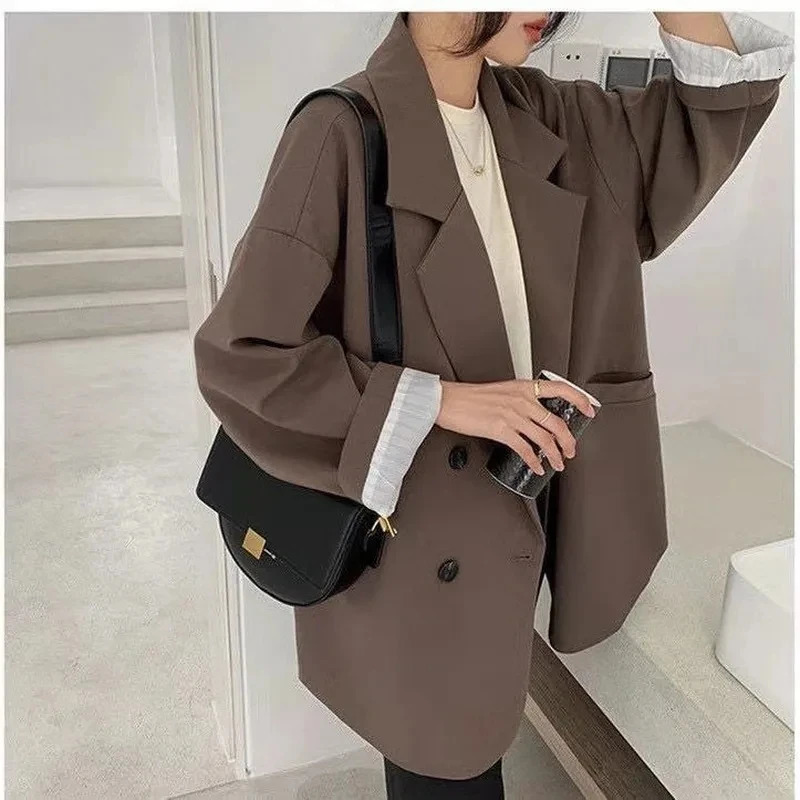Vintage Brown Blazer Women Elegant Official Ladies Spring Autumn Fashion Long Sleeve Oversized Chic Casual Jacket 250729