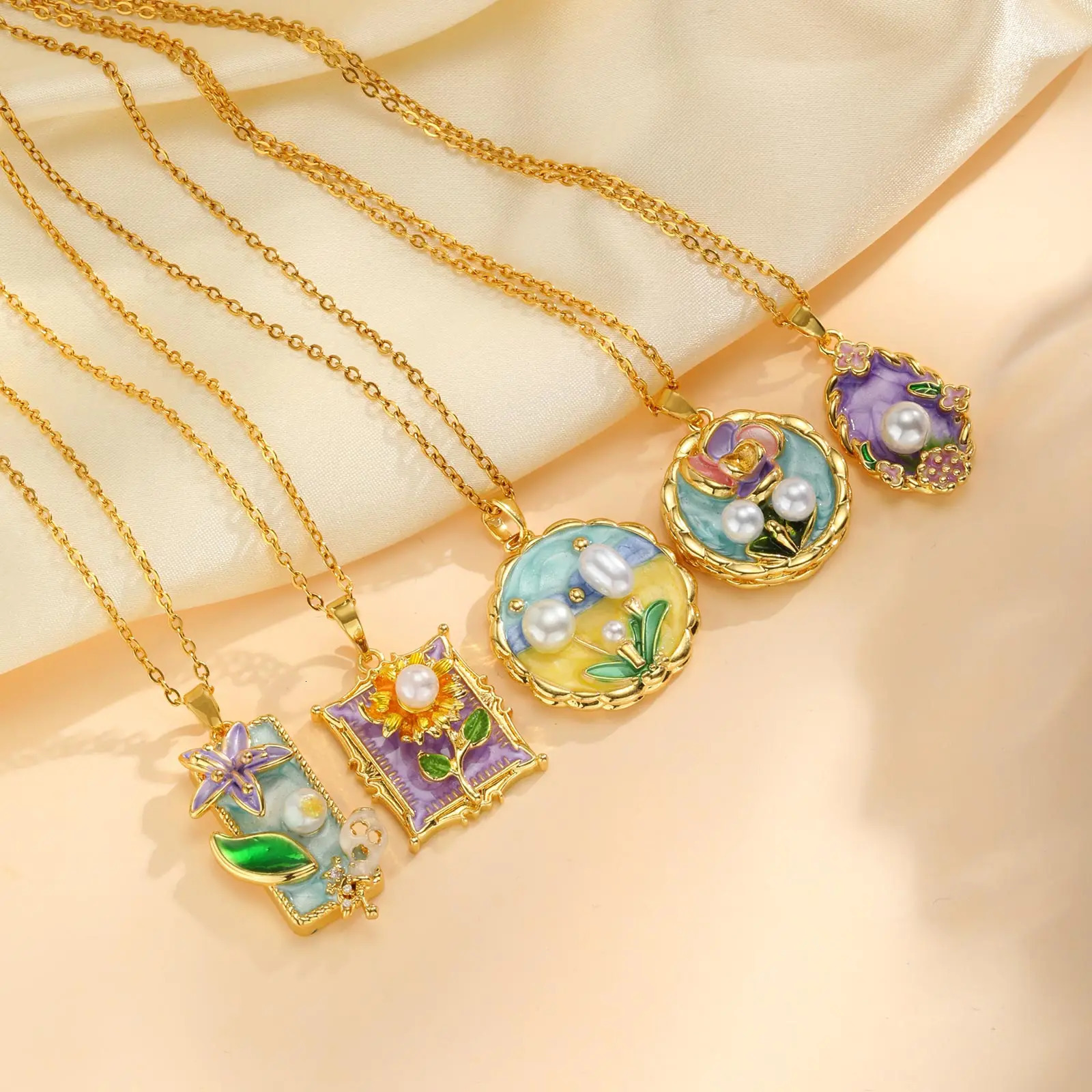 Colorful Oil Painting Style Flower Pearl Necklace Copper Fashion Drip Oil Boho Pendant Charms Statement Jewelry Gift 250729