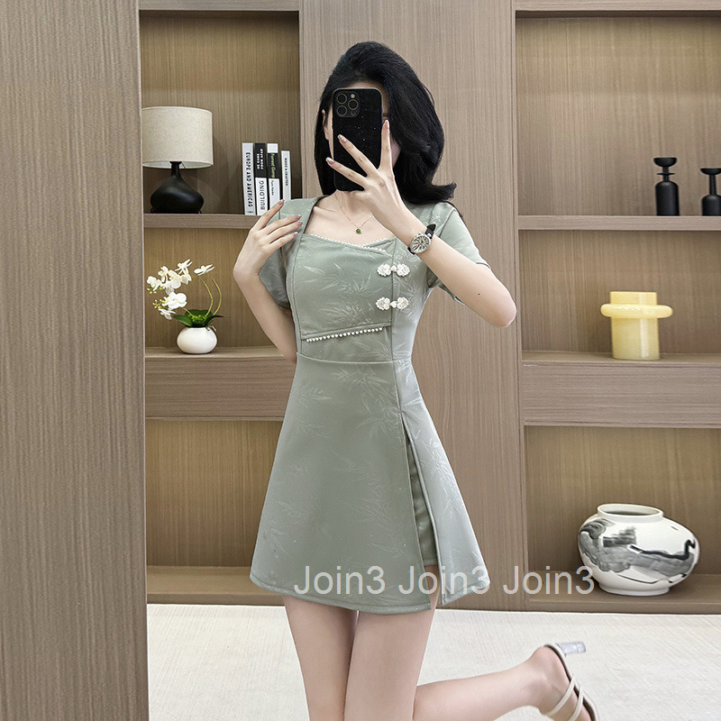 Summer New Plus Size Womens Shorts Set Stretch Slim Improved Cheongsam Short Sleeve Dress + Shorts Two-Piece Set