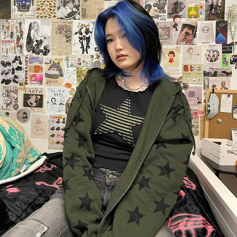 2K Vintage Gothic Women Hoodie Fashion Stars Print Zip Up Autumn Winter Hip Hop Long Sleeve Jacket Coat Loose Hooded Sweatshirt 250729