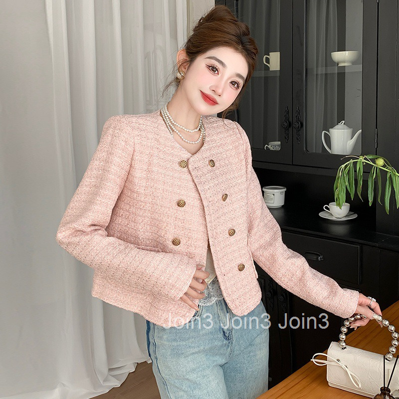 Autumn Winter New Socialite French Style Tweed Round Neck Double-Breasted Long Sleeve Short Coat Womens Top