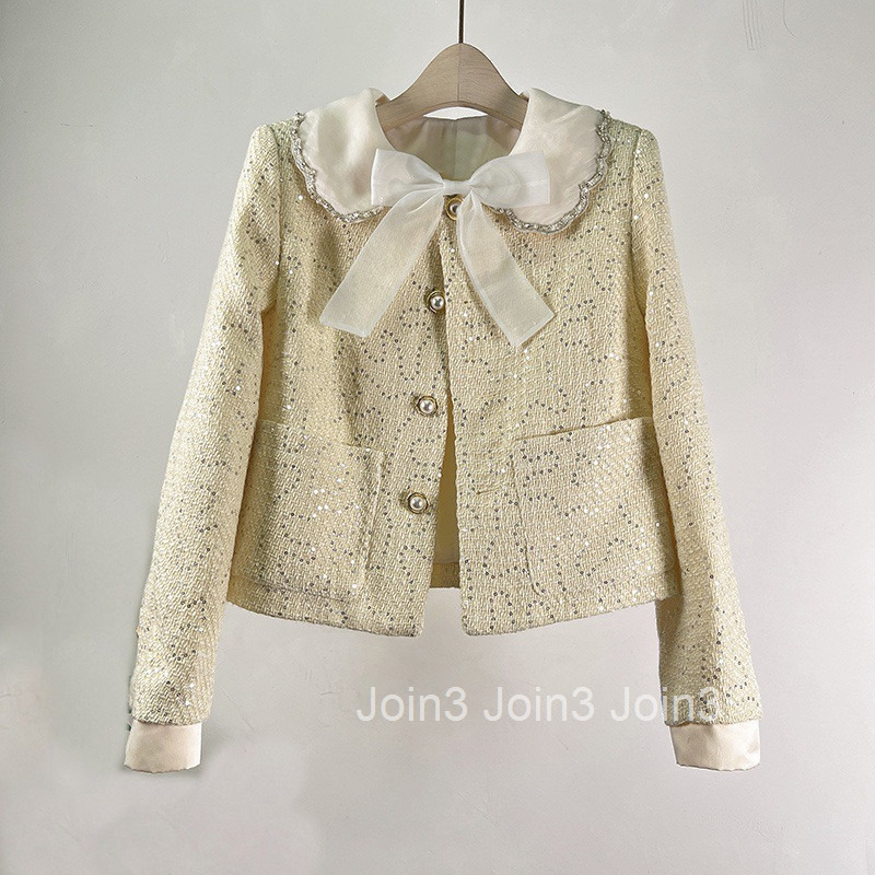 Net red celebrity temperament small fragrance coat womens tweed spring and autumn new small bow top