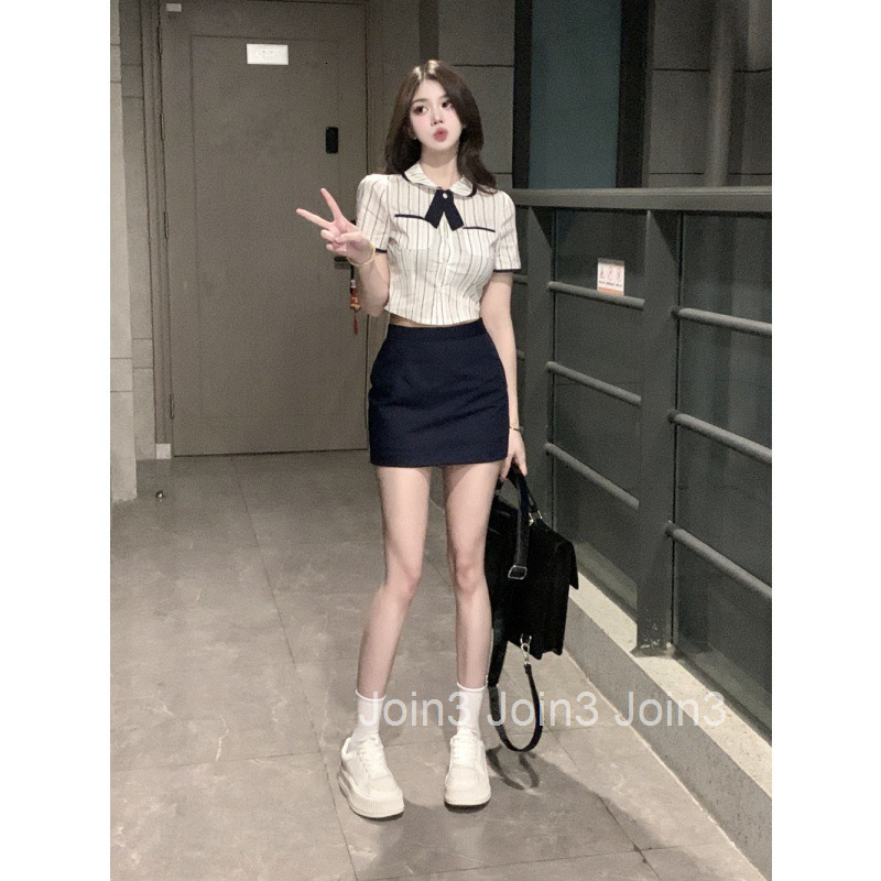 25 Summer New Sweet and Spicy Korean Style Fashion Date Outfit Bow Collar Shirt Top + Bodycon Short Skirt