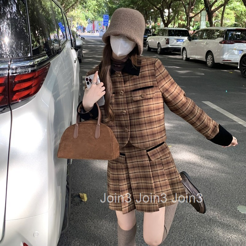 Winter New Melad Plaid Quilted Long Sleeve Jacket Top and Half Skirt Two-Piece Woolen Set