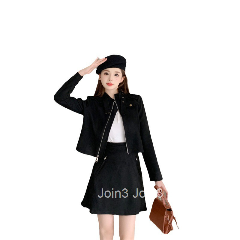 Autumn Winter New Casual Plus Size Women Trendy Melad Elegant Zipper Long Sleeve Motorcycle Jacket Top Short Skirt Set