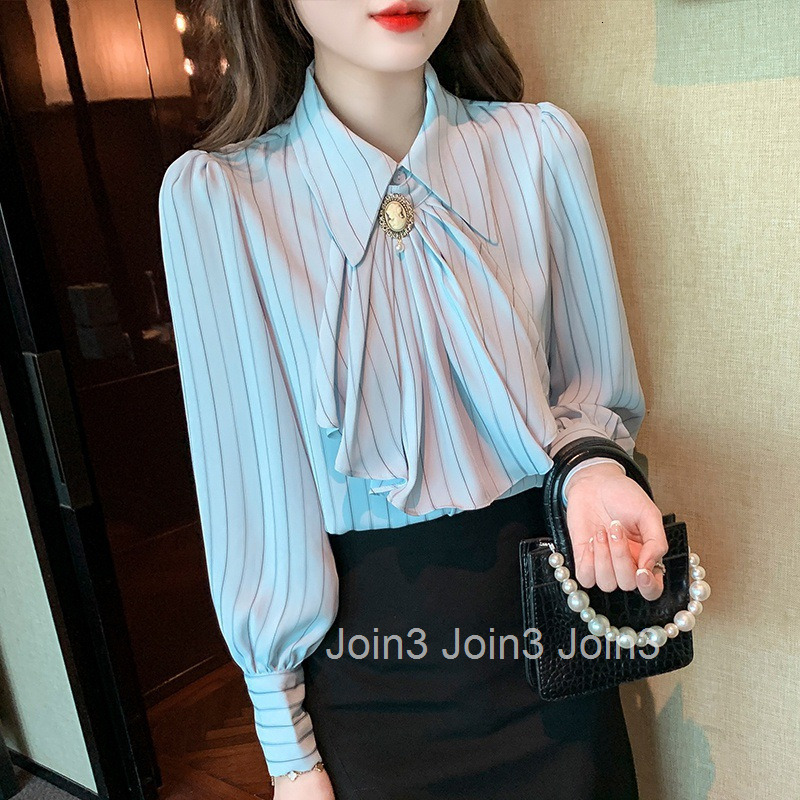 Spring and Autumn New Style Socialite Plus Size Womens Professional Internet Celebrity Youthful Striped Long Sleeve Shirt Womens Blouse Top