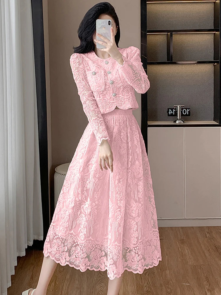French Temperament Lace Flower Embroidery 2 Piece Set Women Long Sleeve Pearls Buttons Crop Top A-line Midi Skirts Sweet Suit 250728
