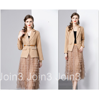 Autumn Winter New French Style Plus Size Womens Elegant Long Sleeve Blazer with Belt + Half-length Tiered Skirt