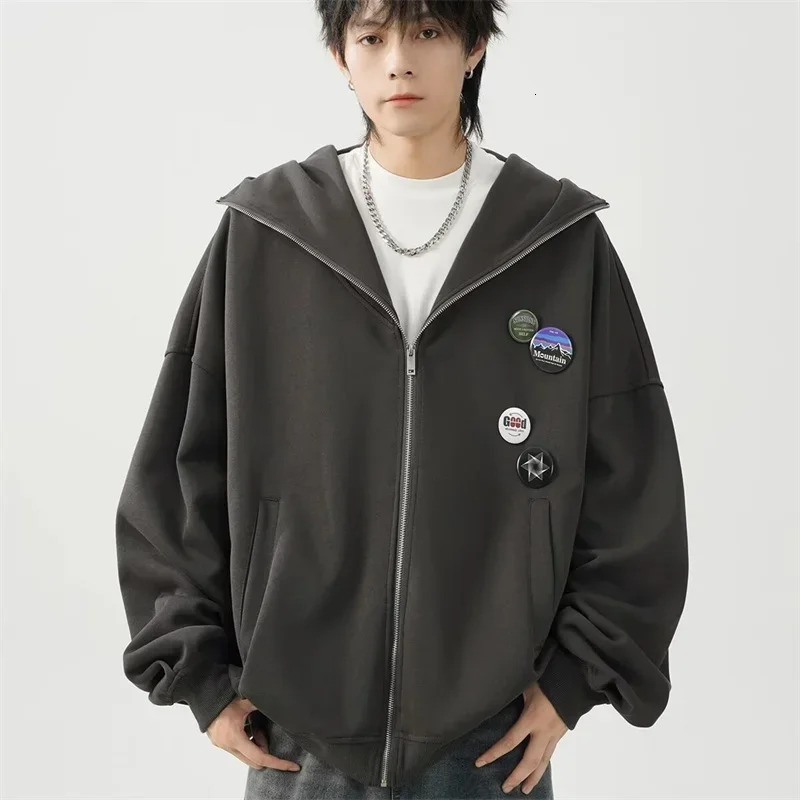 Appliques Cardigan Hooded Sweatshirts For Men Y2K Vintage Zipper Hoodies Women Autumn Streetwear Oversized Casual Tracksuit 250729
