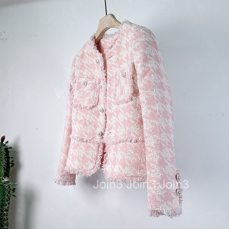 Early Autumn and Winter New Fashionable French Style Pink Thousand Bird Plaid Fleece Thick Tweed Tassel Fleece Coat Small Fragrant Girl