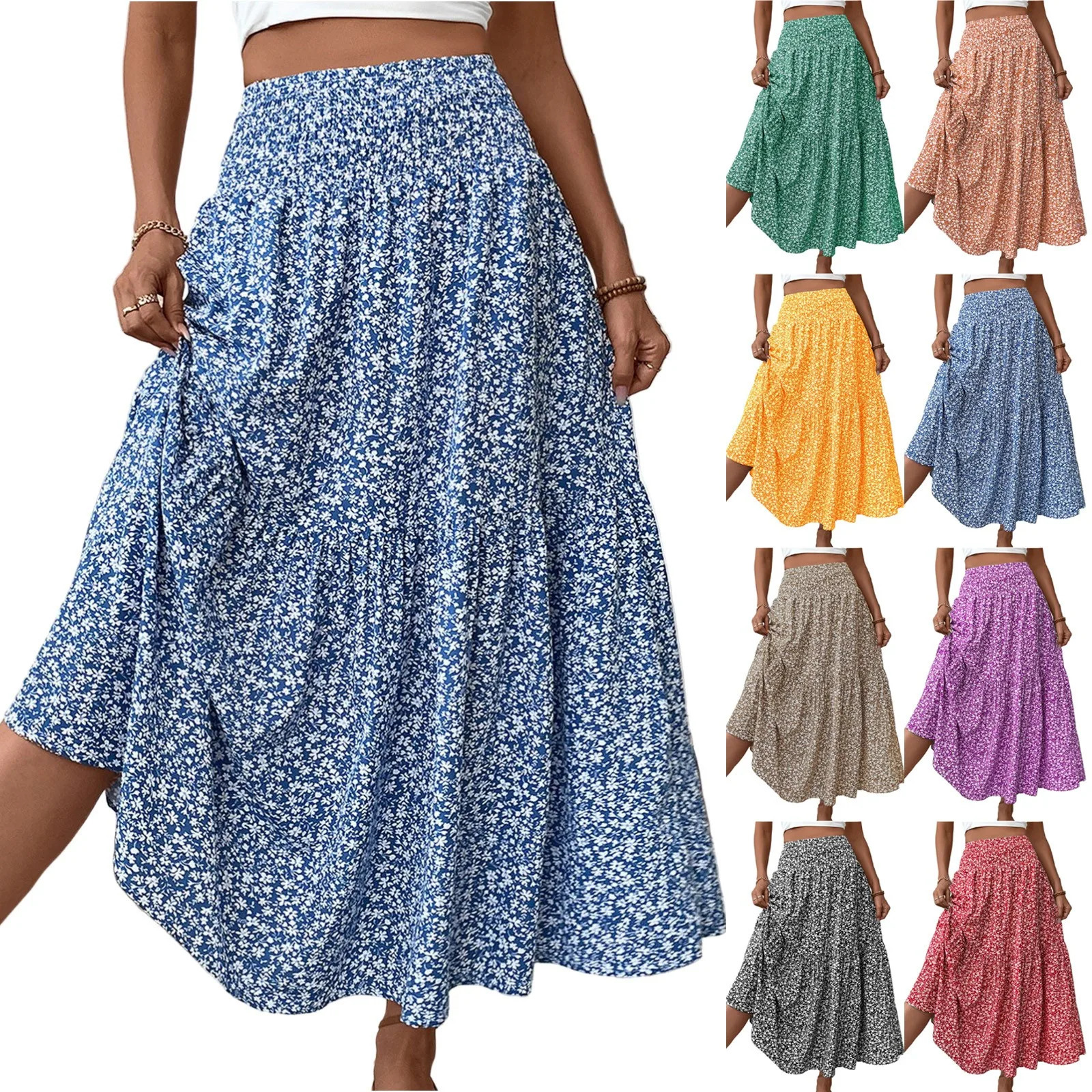 Womens Fashion Pleated Floral Print Elastic Waist Loose Splicing A Line Skirt Skirts for Women Women 250729