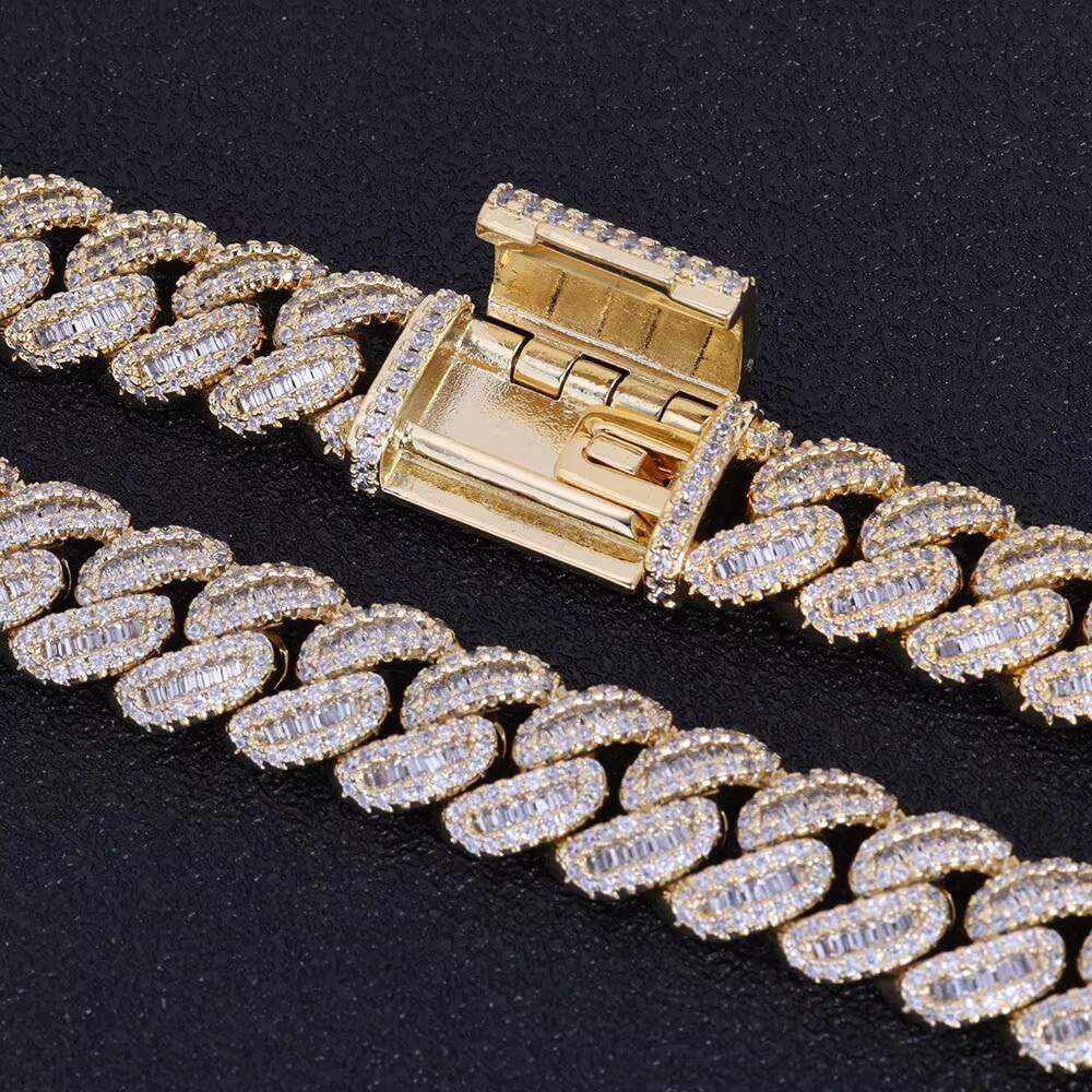 NUOYA BAGUETTE Cuban Chain 12mm White Gold Plated Full Iced Zircon Miami Link Necklace Luxury Hip Hop Jewelry