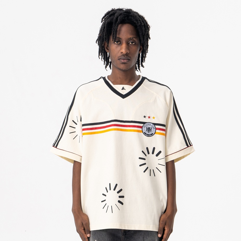 Lanhai Mens Clothing 2025 Spring Summer New Trendy Brand V-Neck Striped Loaded Print Sports Short Sleeve T-Shirt for Men