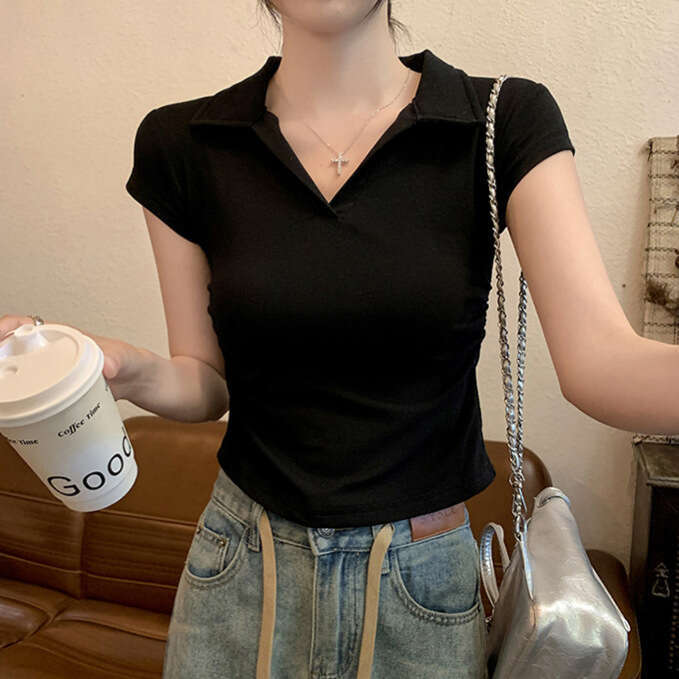 sxzy Summer Hot Girl Slim Fit Off-Shoulder T-Shirt Women Sleeve Design Irregular Pleated Short Polo Shirt Top