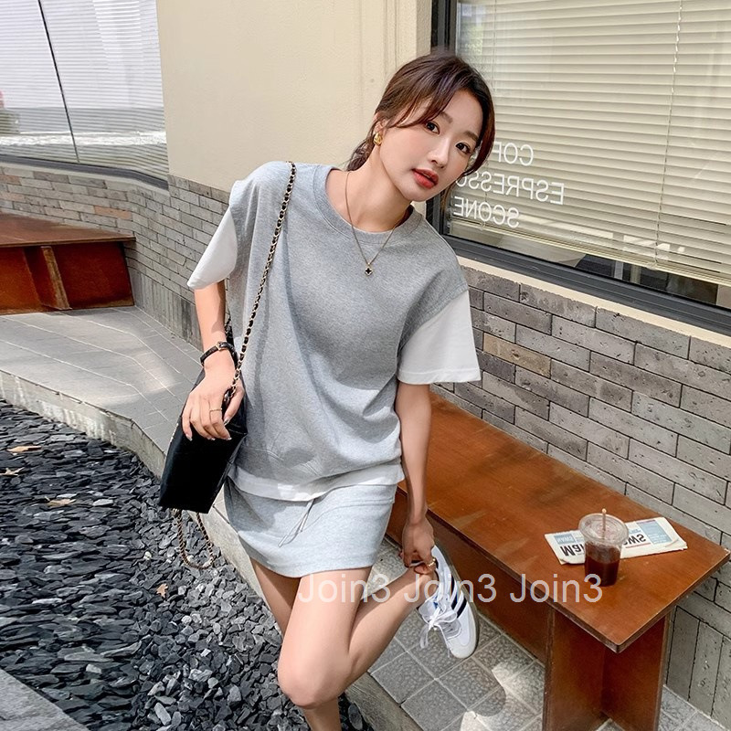 Summer New Fashion Casual Two-Piece Set Round Neck Fake Two-Piece Short Sleeve T-Shirt Top Half Skirt for Women