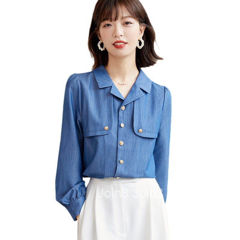 Spring and Autumn New Plus Size Womens Fashion Denim Long Sleeve Shirt Unique Chic Blouse Trendy