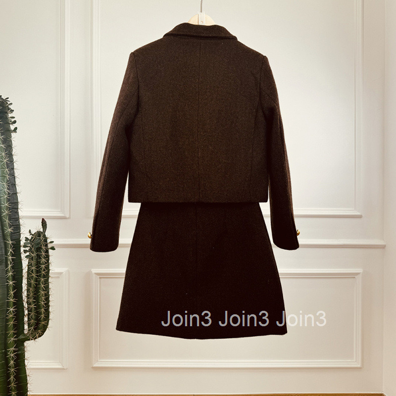 Spring and Autumn French Style New High-Quality Woolen Elegant Two-Piece Set with Turn-Down Collar Long Sleeve Jacket and Blazer Half Skirt Suit