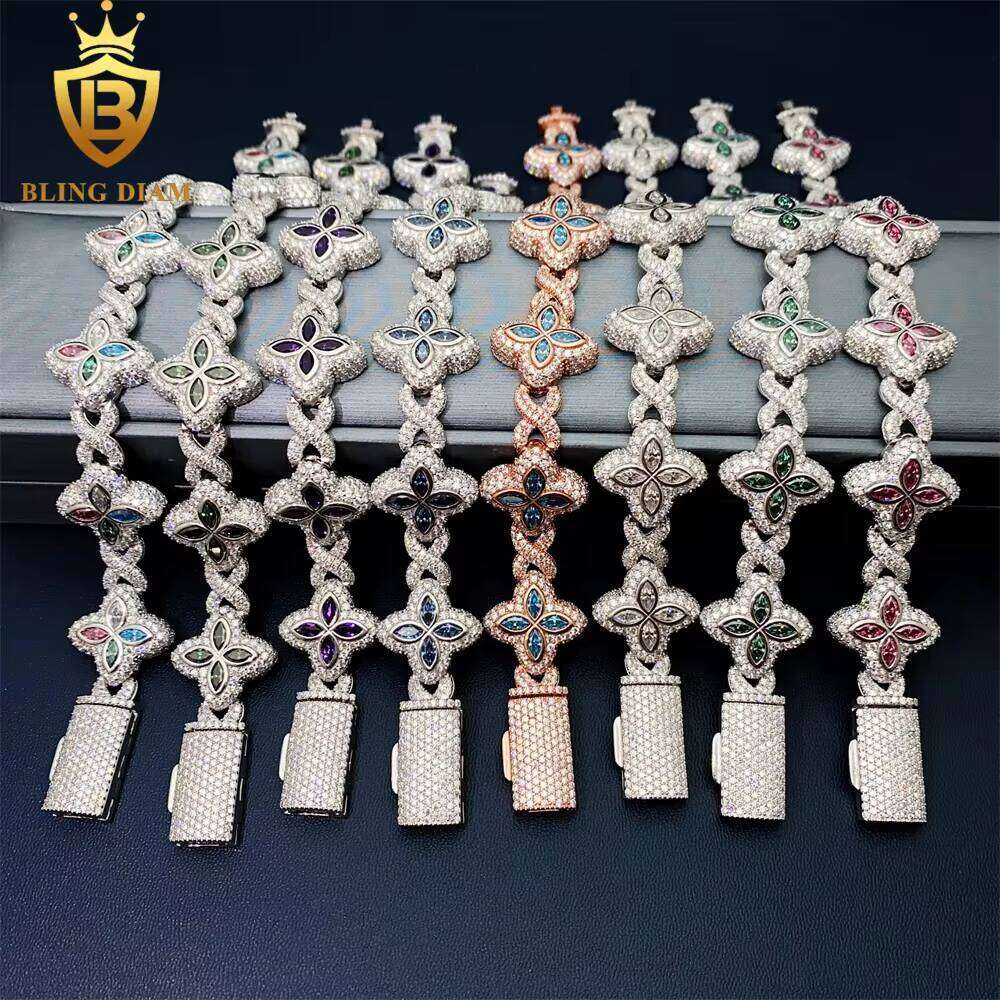 19mm Multiple Options Marquise Cut Flower New Design Colorful Sliver Moissanite Clover Iced Out Bracelet