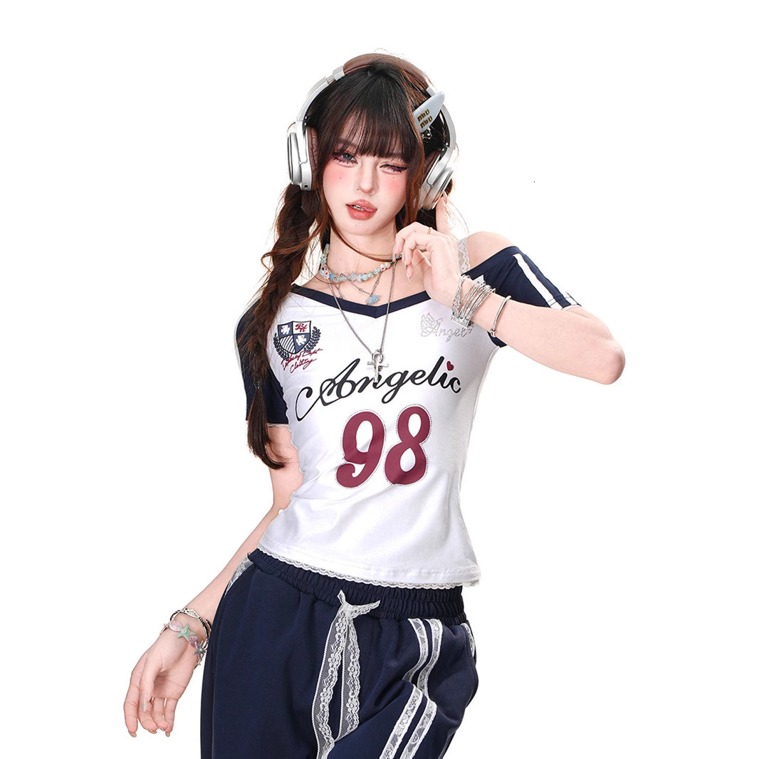 2025 American style short sleeved lace women's T-shirt summer new slim fit off shoulder sexy girl's short top fashion new designer T-shirt