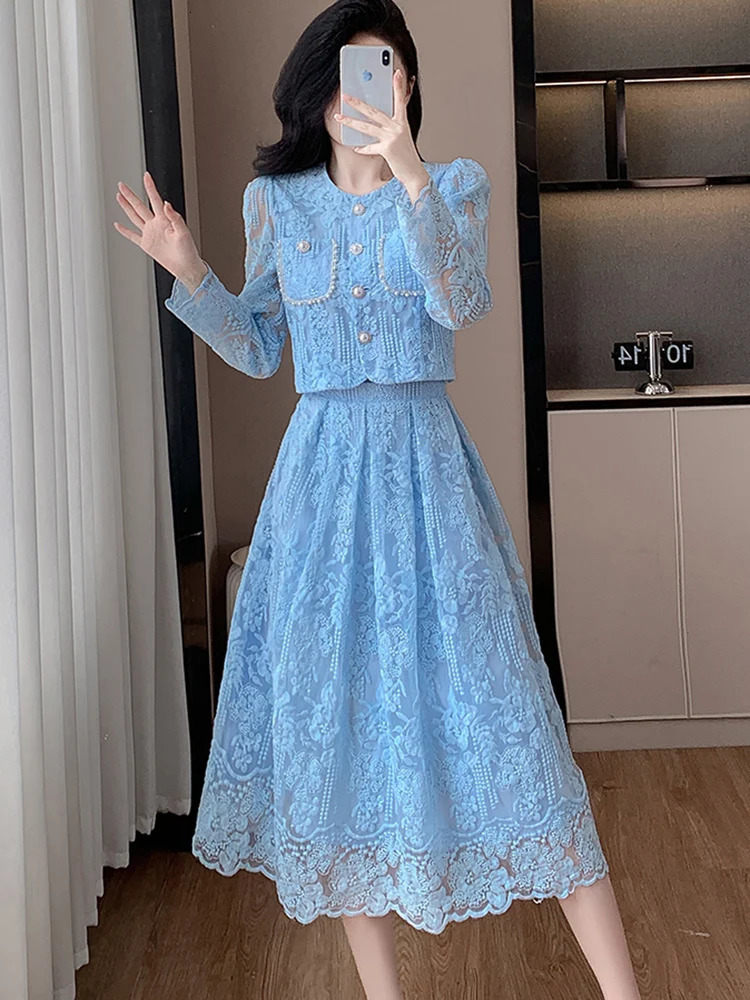 French Temperament Lace Flower Embroidery 2 Piece Set Women Long Sleeve Pearls Buttons Crop Top A-line Midi Skirts Sweet Suit 250728