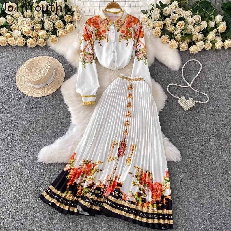 Skirt Outfits Floral Two Piece Sets Women Clothing Long Sleeve Single Breasted Blouses High Waist Pleated Skirts Suit Summer Set 250728