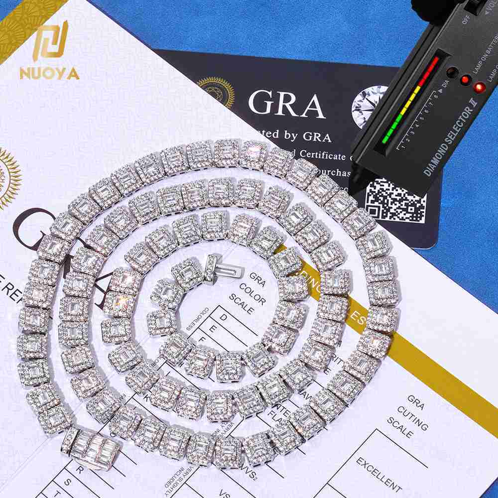 NUOYA Hip Hop 925 Silver Fine Jewelry Tennis Chain Iced Out Mixed Inlay Baguette Cut VVS Moissanite Silver Plated Necklace