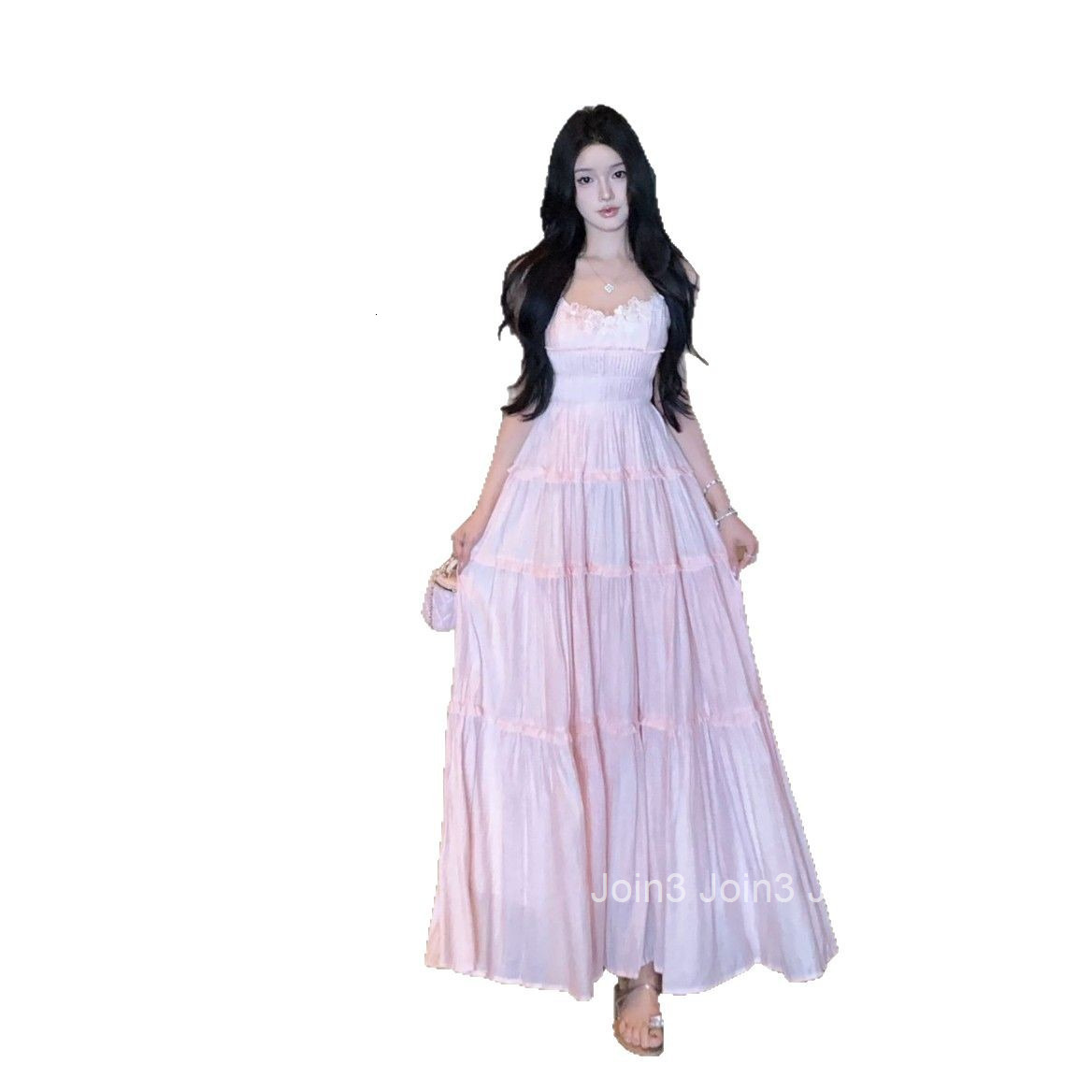 Summer Pink Vacation Dress Design V-neck Strap Sleeveless Vest Dress Long Dress Beach Princess Dress