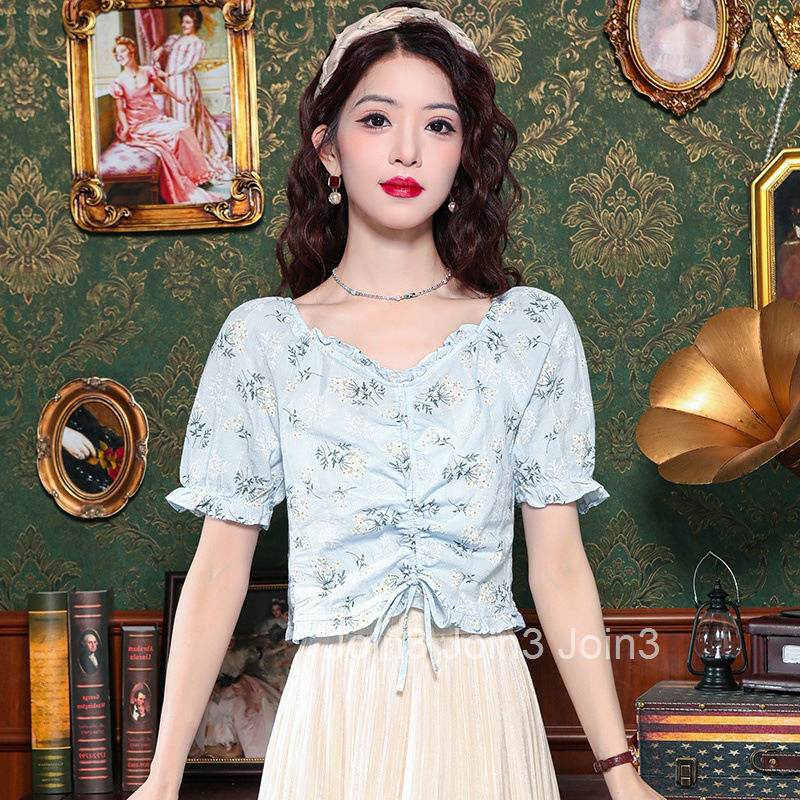 Summer New French Style Plus Size Women Fresh Short Sleeve Floral T-Shirt Short Top Stylish Chiffon Blouse