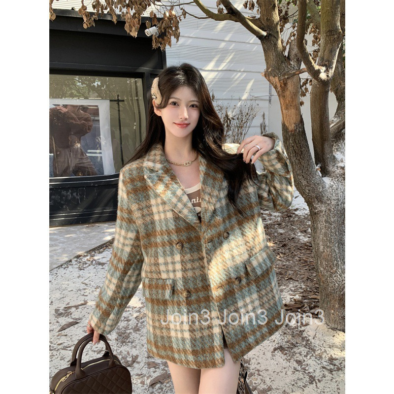 Winter New Elegant Fashion Casual Loose Cotton Plaid Long Sleeve Blazer Mid-Length Women