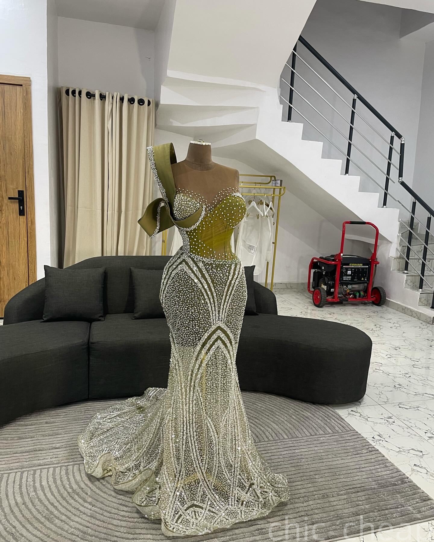 Mermaid Olive Green Prom Dresses 2025 Beaded Crystals Sheer Neck Evening Formal Party Second Birthday Engagement Gowns Plus Size Dress For Special Occ