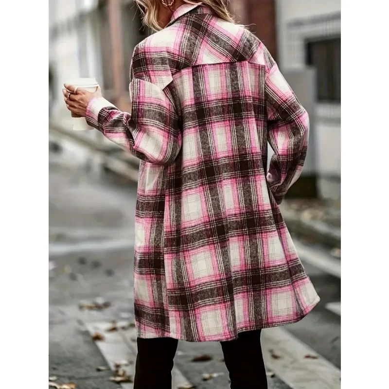 Plus Size Casual Plaid Coats Women Windbreaker Long Sleeve Button Shirt Jacket Fashion Print Pocket Coat Female 250729