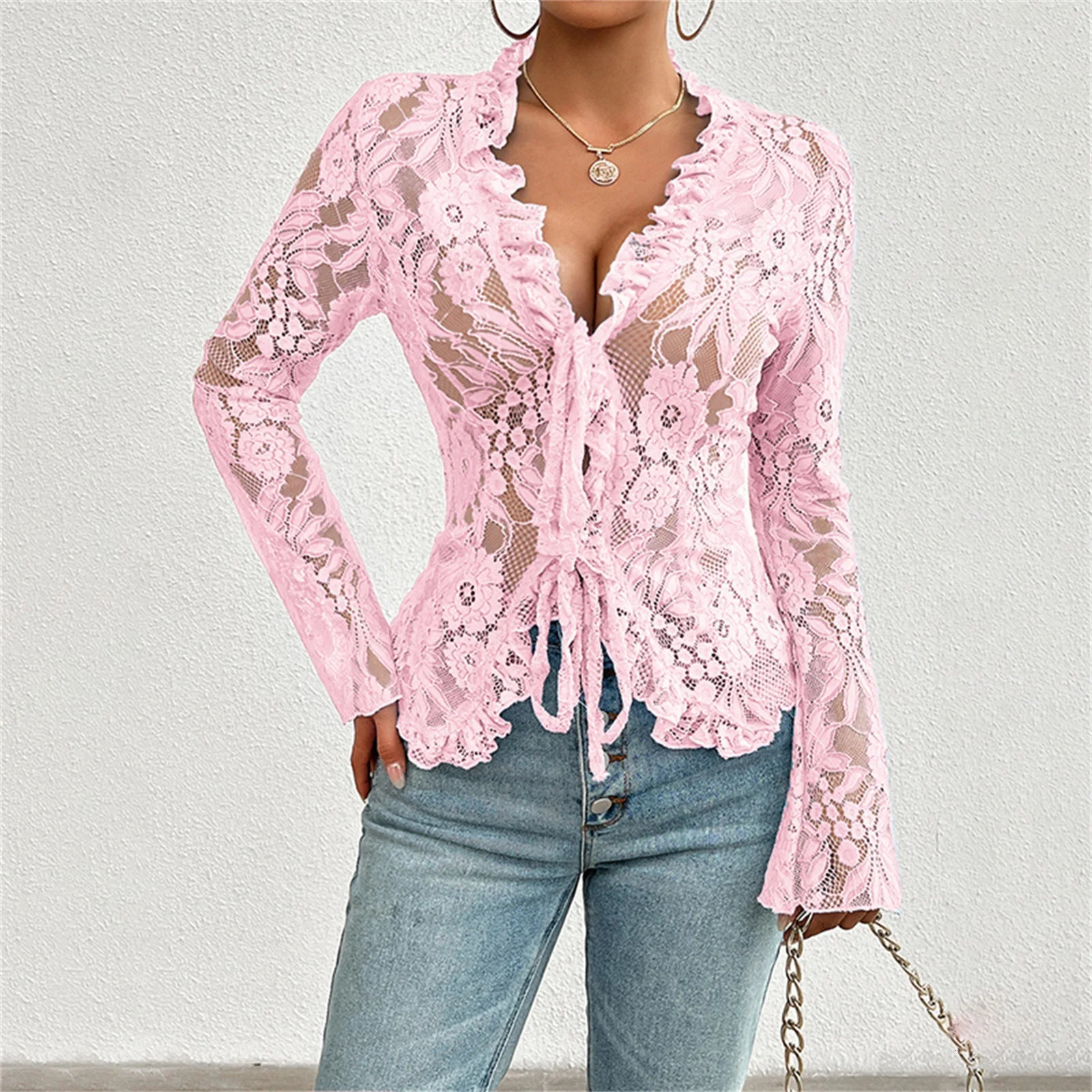 Sexy Women Mesh Lace TShirts Long Sleeve Tops Transparent Casual Sheer Basic Tie Front Shirt Blouses for Club Aesthetic Clothes 250729