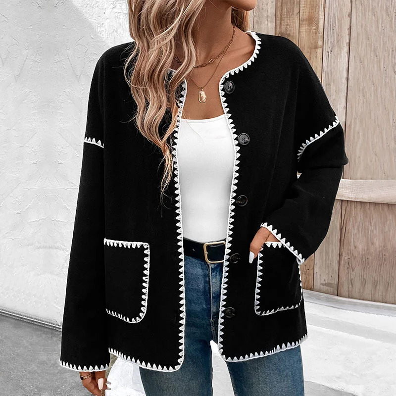 Autumn and Winter Womens Casual Cardigan Dressing Contrasting Fleece Jacket 250729