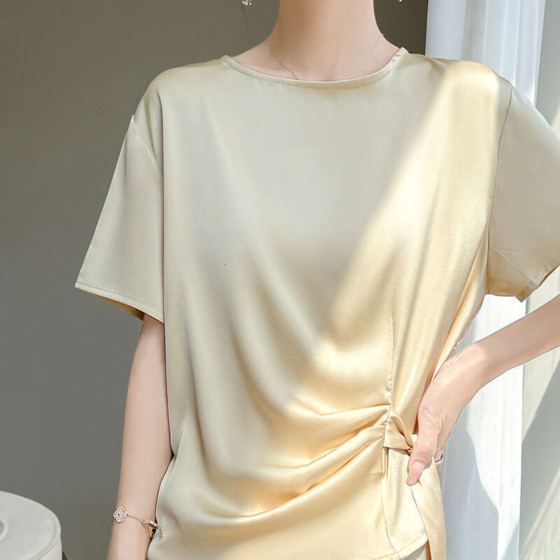 sxzy Non-Acetate Satin Design T-Shirt New Waist-Cinching Bow Short Sleeve Top Women's Summer High-End Korean Style