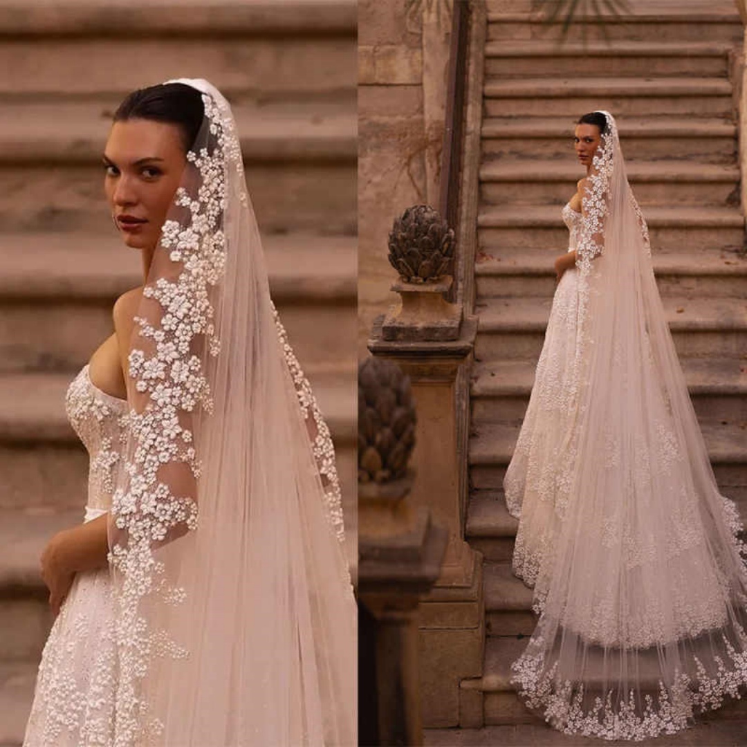 Dreamy Customized One Layer Cathedral Length Wedding Veil 3D Flowers Appliques Elegant Bridal Veils Wedding Accessories