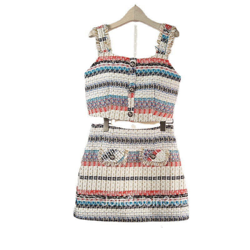 Internet Celebrity Little Fragrance Style Summer New French Texture Petite Heightening Slim Strap Short Skirt Two-Piece Set for Women