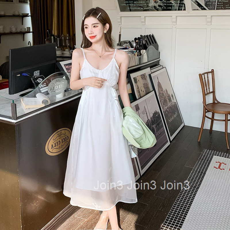 New French Style Elegant High-Waisted Strap Dress Slim Waist High-Length Dress V-Neck A-Line Dress