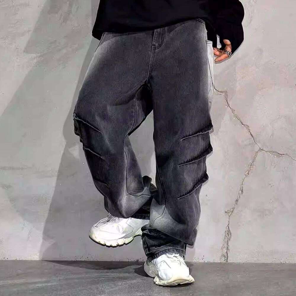 High Quality Black Vintage Casual Gradient Cargo Streetwear Straight Leg Jeans Hip Hop Denim Pants Kpop Trousers Male 250726