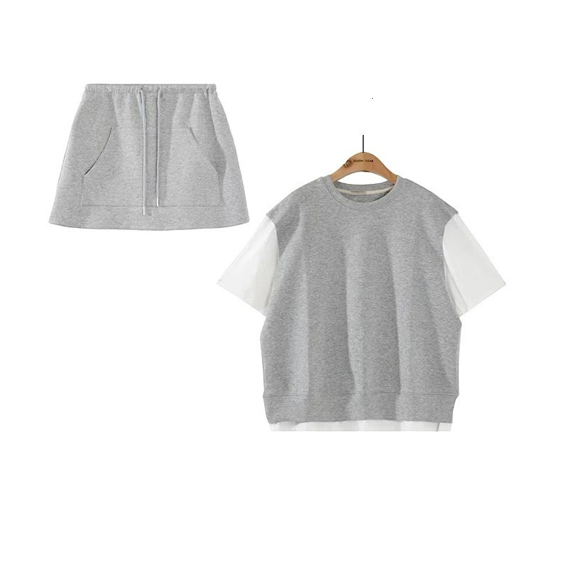 Summer New Fashion Casual Two-Piece Set Round Neck Fake Two-Piece Short Sleeve T-Shirt Top Half Skirt for Women