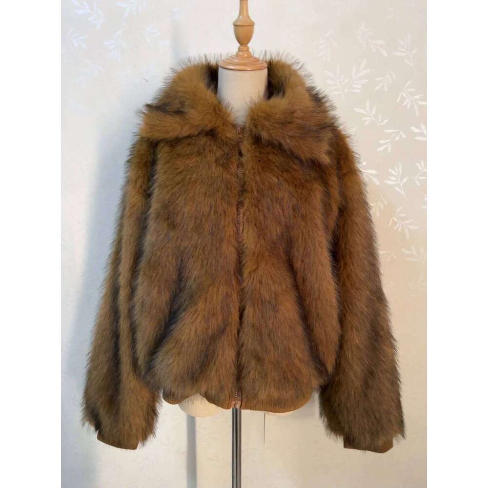 Winter Gradient Brown Long Hairy Shaggy Raccoon Faux Fur Full Sleeve Women Big Lapel Furry Coat Loose Short Outerwear