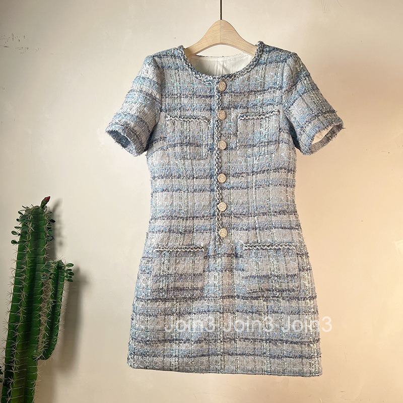 Summer New Slim Fit Elegant Short Sleeve Dress Fashion Single Breasted Round Neck Short Dress Bodycon Dress