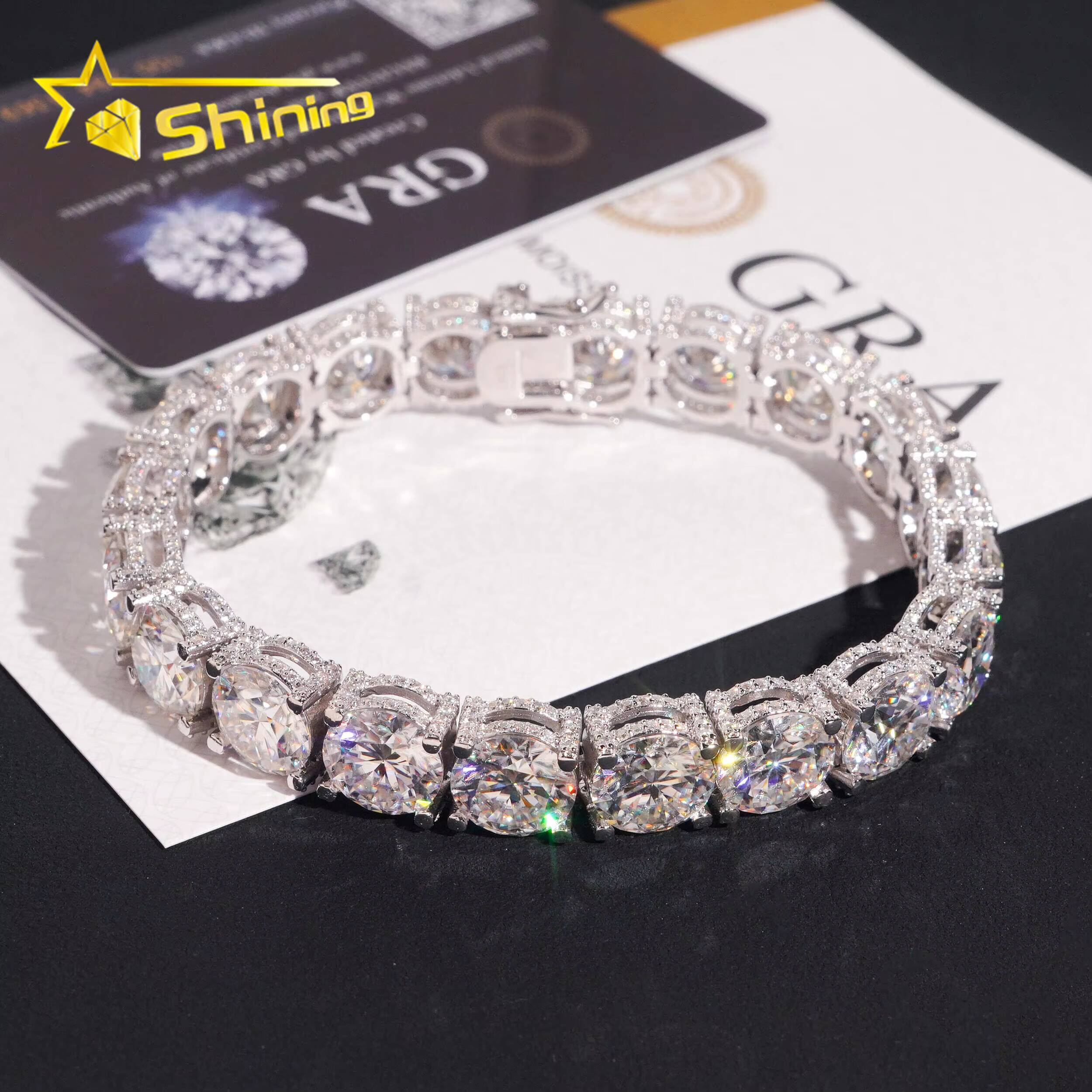 Luxury 10mm Moissanites Bracelet 925 Sterling Silver Gold Plated VVS Moissanite Pass Diamond Test Side Stones Sparkling Bracelet