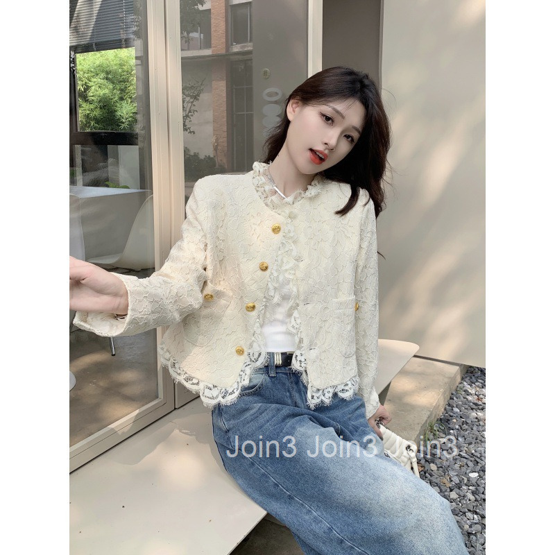 Autumn and Winter New French Design Sense Heavy Industry Small Fragrance Short Coat Womens Single Row Gold Button Lace Coat Women