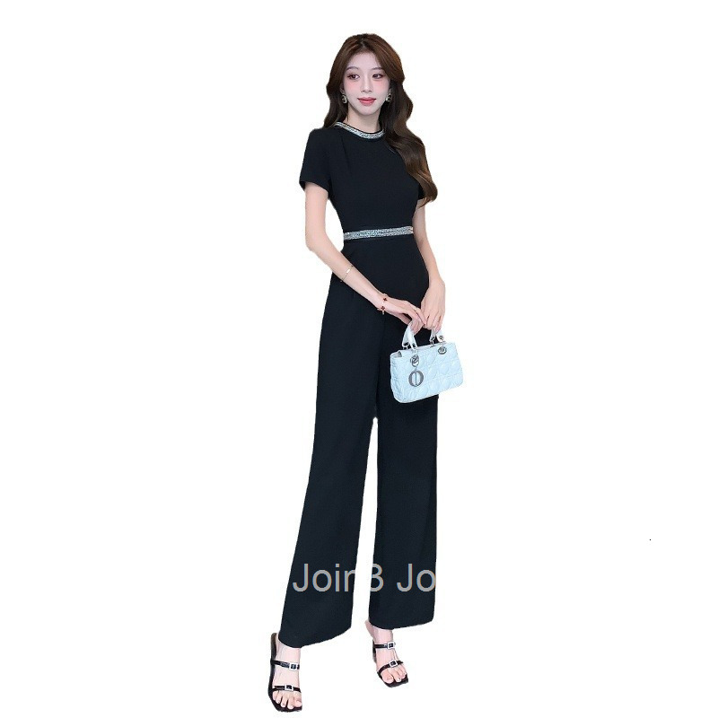 Summer New Round Neck Slim Fit Simple Elegant Casual Black Short Sleeve Jumpsuit Wide Leg Pants Long Pants for Women