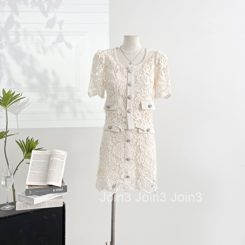 Summer New Fashionable Socialite Design Two-Piece Set Slimming Lace Hollow Short Sleeve Top + Short Skirt Set for Women