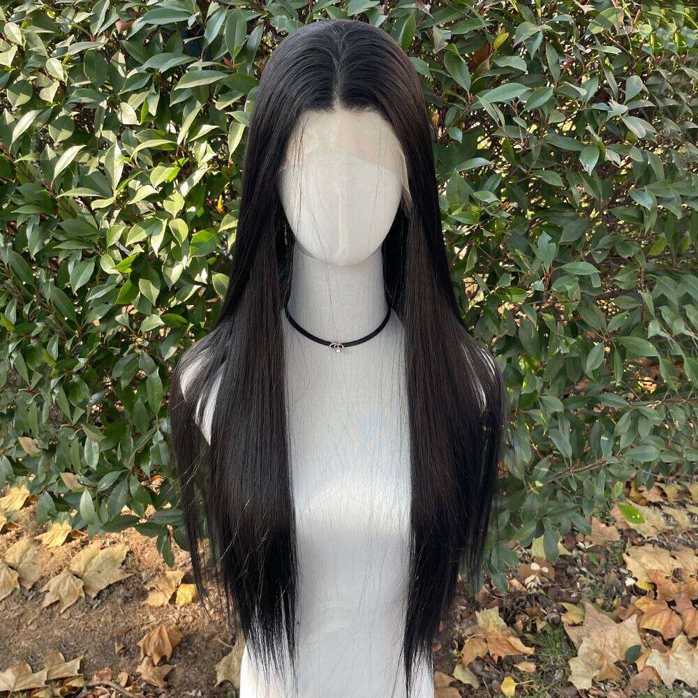 Long Silky Straight Jet Black 13X4 Synthetic Lace Front Wigs For Women Heat Resistant Hair Glueless Wig 150% Density