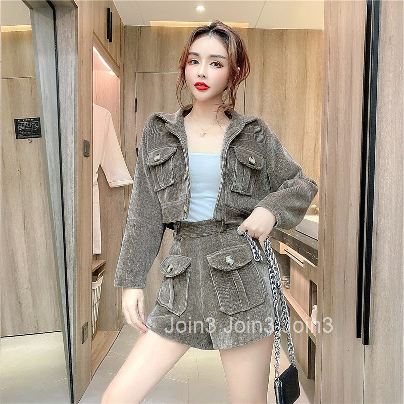 2021 Autumn Winter Fashionable Single-Breasted Pocket Jacket + Camisole + Shorts Three-Piece Set