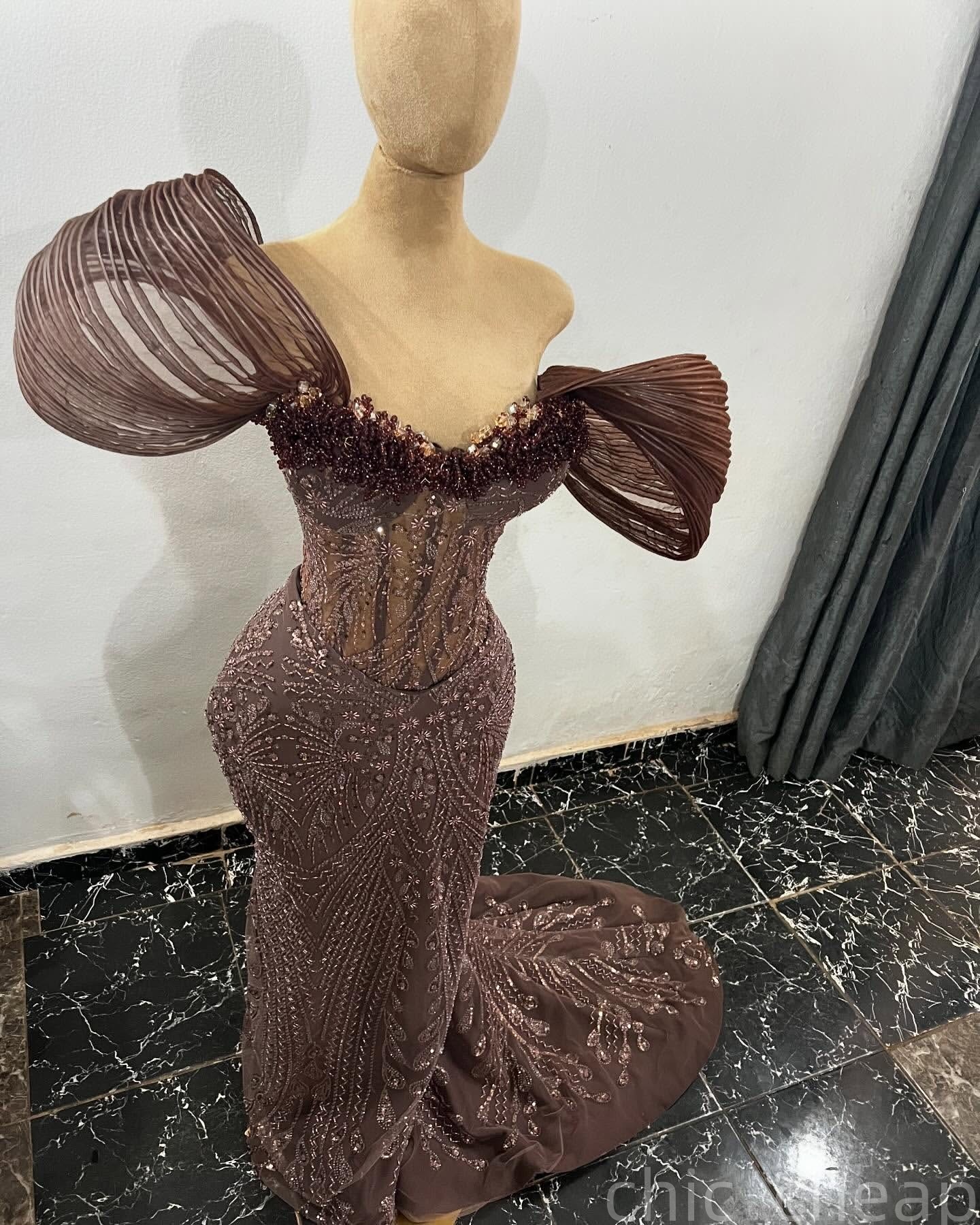 Mermaid Chocolate Prom Dresses 2025 Illusion Crystals Sequined Evening Formal Party Second Birthday Engagement Gowns Plus Size Dress For Special Occas