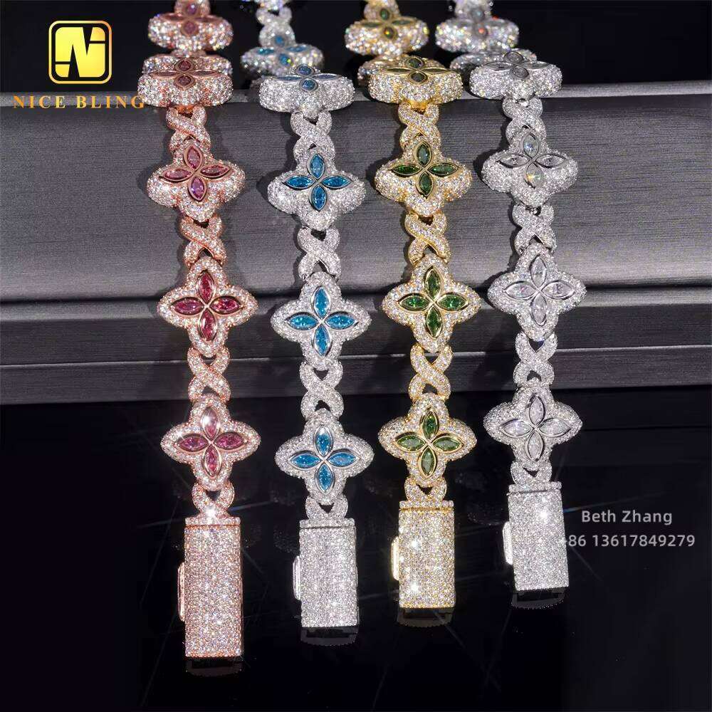 New Arrival Colorful Natural Gemstones Link Fashion Hip Hop Jewelry Sier Marquise Moissanite Cuban Bracelet