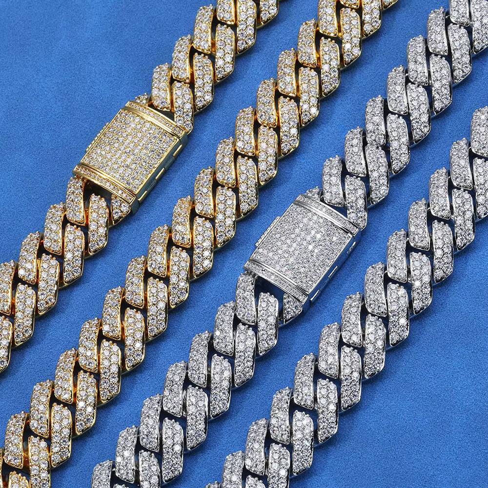 15mm Double Layer Moissanite Cuban Chain Necklace | S925 Sterling Silver Claw Setting Hip Hop Style